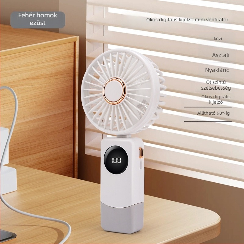 USB kézi ventilátor intelligens digitális kijelzővel, beépített akkumulátor 1000–1200mAh, brushless motor, 5 sebesség, üzemidő 3–6 óra