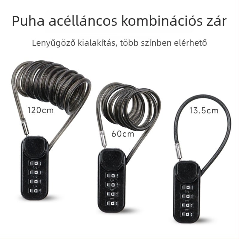 QITE kombinációs zár acélkábellel – sisakhoz, poggyászhoz és autóhoz, cinkötvözet test, numerikus típus, 3 mm átmérő