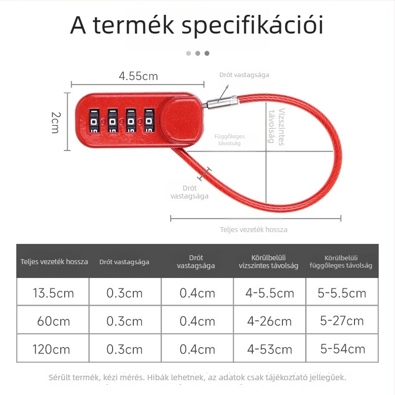 QITE kombinációs zár acélkábellel – sisakhoz, poggyászhoz és autóhoz, cinkötvözet test, numerikus típus, 3 mm átmérő