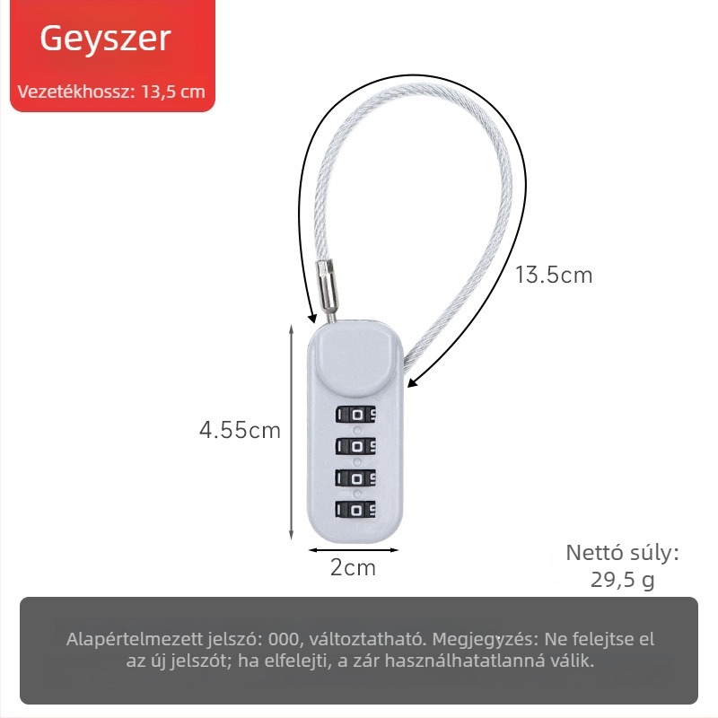 QITE kombinációs zár acélkábellel – sisakhoz, poggyászhoz és autóhoz, cinkötvözet test, numerikus típus, 3 mm átmérő