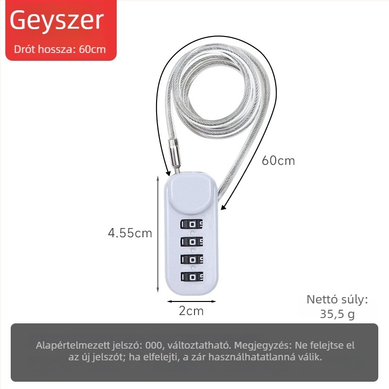 QITE kombinációs zár acélkábellel – sisakhoz, poggyászhoz és autóhoz, cinkötvözet test, numerikus típus, 3 mm átmérő