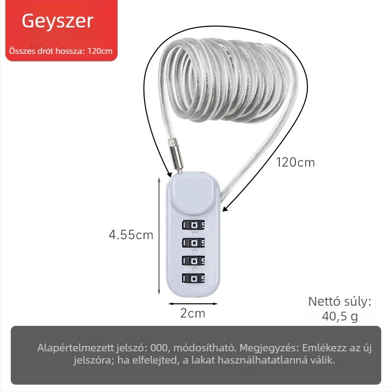 QITE kombinációs zár acélkábellel – sisakhoz, poggyászhoz és autóhoz, cinkötvözet test, numerikus típus, 3 mm átmérő