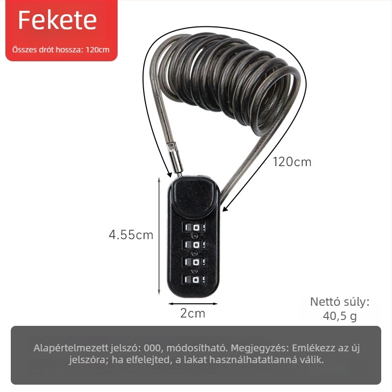 QITE kombinációs zár acélkábellel – sisakhoz, poggyászhoz és autóhoz, cinkötvözet test, numerikus típus, 3 mm átmérő