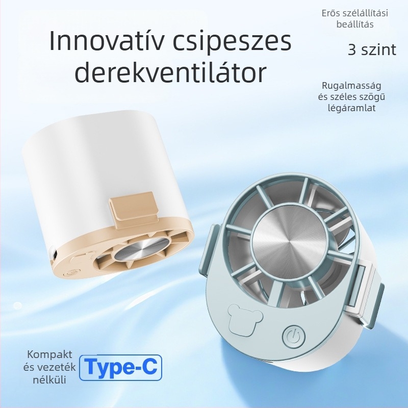Derékra akasztható USB mini ventilátor – 3-lapátos, 3 sebesség, beépített 800–1000 mAh akkumulátor, ABS ház