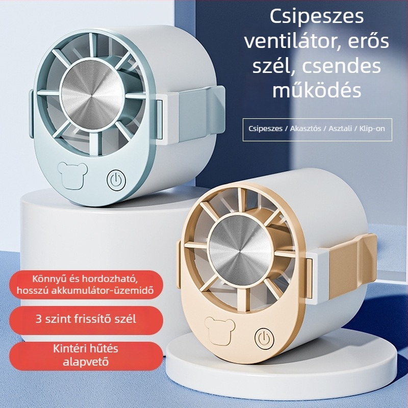 Derékra akasztható USB mini ventilátor – 3-lapátos, 3 sebesség, beépített 800–1000 mAh akkumulátor, ABS ház