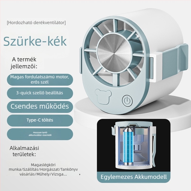 Derékra akasztható USB mini ventilátor – 3-lapátos, 3 sebesség, beépített 800–1000 mAh akkumulátor, ABS ház
