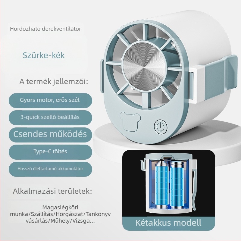 Derékra akasztható USB mini ventilátor – 3-lapátos, 3 sebesség, beépített 800–1000 mAh akkumulátor, ABS ház
