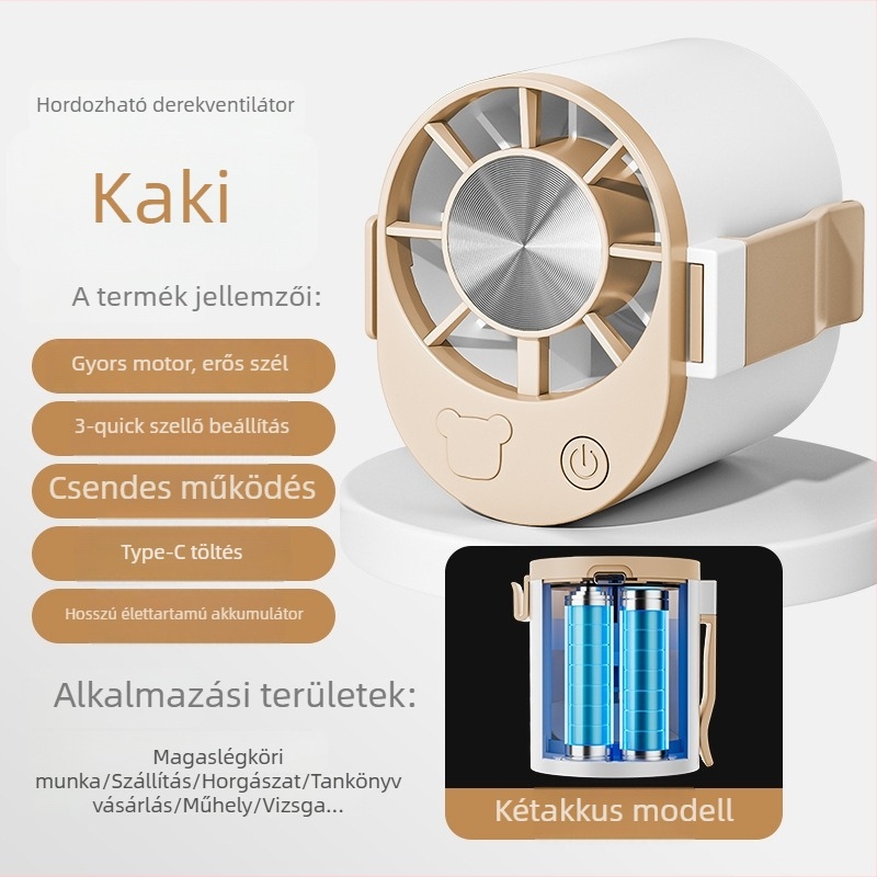 Derékra akasztható USB mini ventilátor – 3-lapátos, 3 sebesség, beépített 800–1000 mAh akkumulátor, ABS ház