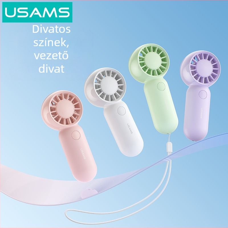 Kézi USB ventilátor, 5 műanyag lapát, beépített 500–800 mAh akkumulátor, USB töltés, 3 sebességfokozat