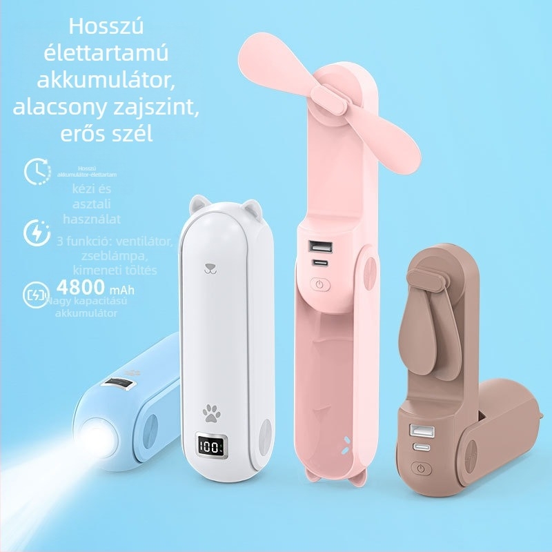 Kézi USB ventilátor brushless motorral, beépített 4000–6000mAh akkumulátor, 3 sebesség, 5V, 12 órás üzemidő