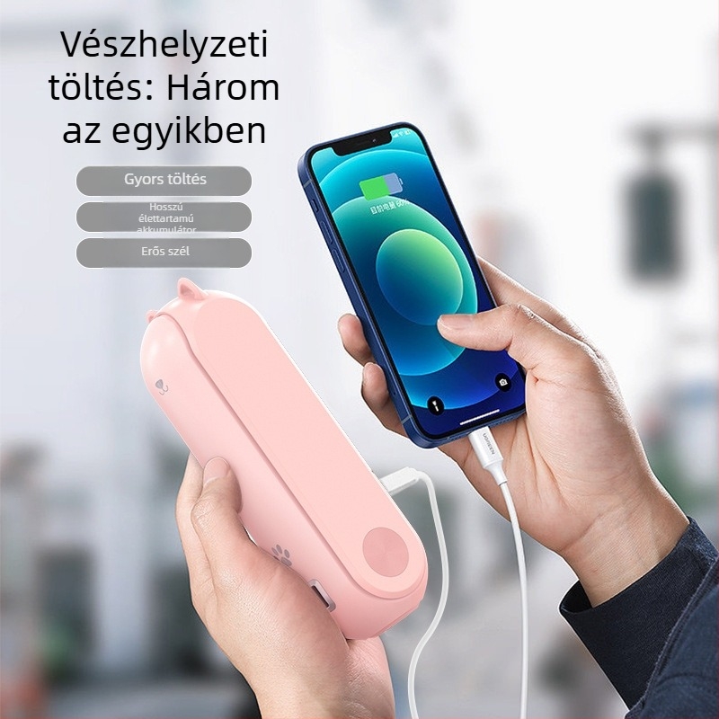 Kézi USB ventilátor brushless motorral, beépített 4000–6000mAh akkumulátor, 3 sebesség, 5V, 12 órás üzemidő