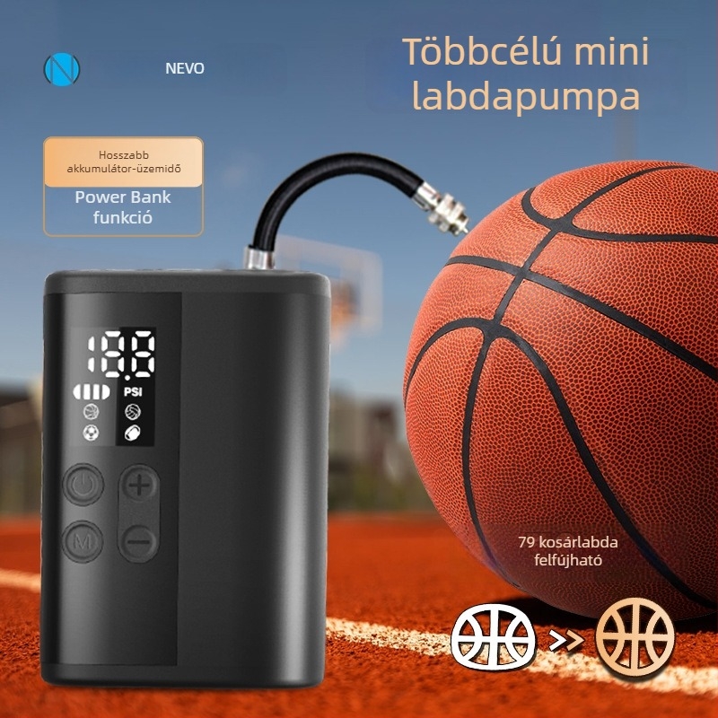 Vezeték nélküli mini többfunkciós labdapumpa (kosárlabda, futball, röplabda) — digitális kijelző, 25 L/perc áramlás, 2600 mAh akkumulátor, több mint 20 perc működési idő, rendkívül gyors felfújás