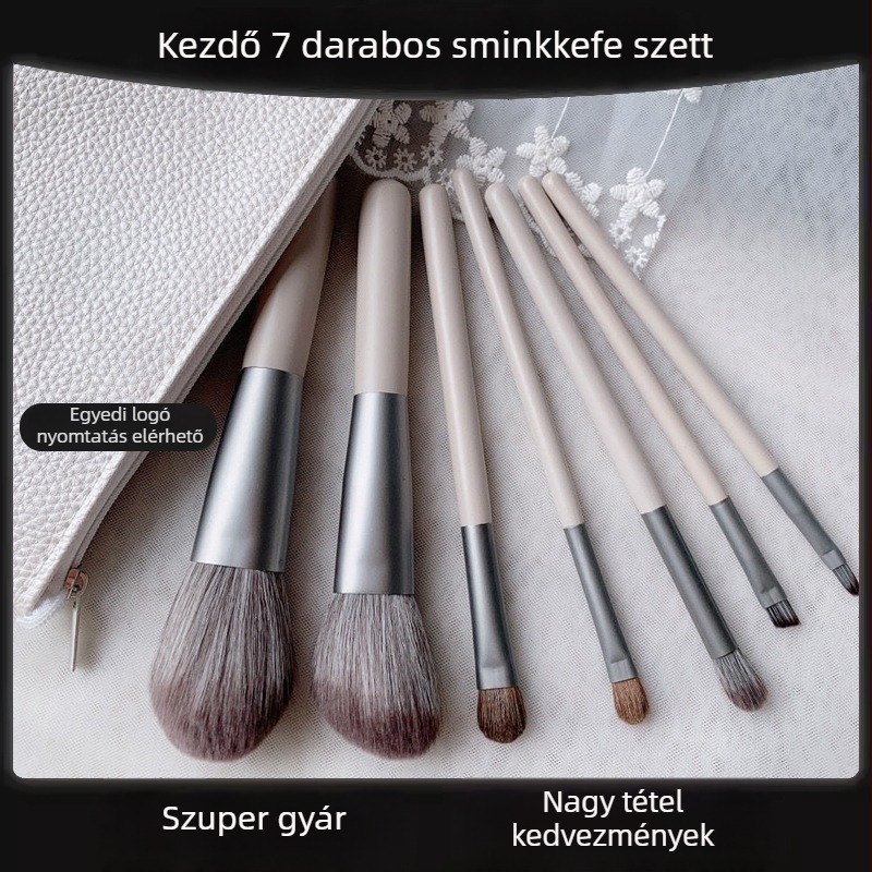 Sminkecsetkészlet – 7 darab, szintetikus sörték, fa hosszú nyelű ecsetek, PU tok