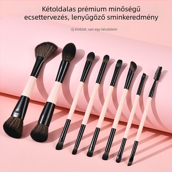 8 darabos kettős végű sminkecset-készlet, szintetikus szálú ecsetek, fa nyelek, ecsettáskában