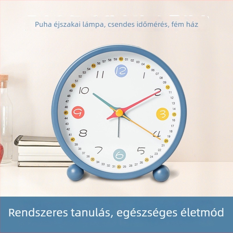 Gyermekeknek szóló asztali ébresztőóra, karikatúra stílusú fém óra, Aishida mechanizmus, akkumulátoros működés, dial mutatóval és számokkal, egyoldalas, fényes és ébresztő