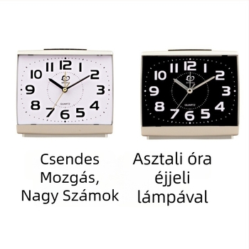 K10 asztali óra – csendes ébresztő, nagy számok és éjjeli fény, elemről működik, egyoldalas, műanyag ház