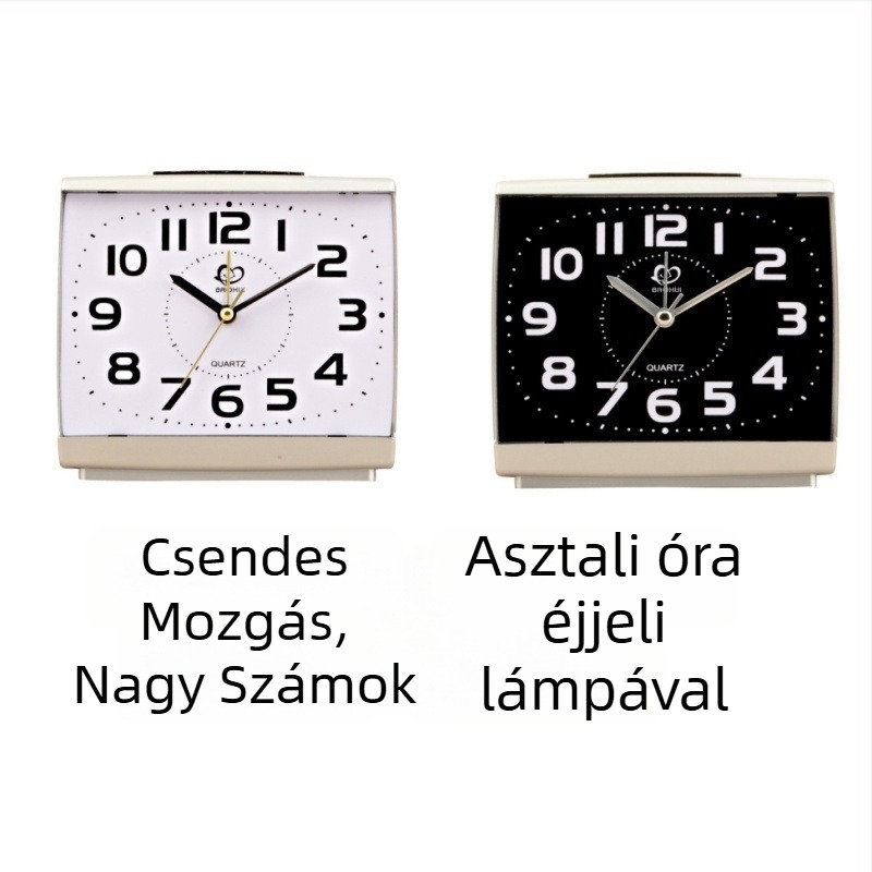 K10 asztali óra – csendes ébresztő, nagy számok és éjjeli fény, elemről működik, egyoldalas, műanyag ház