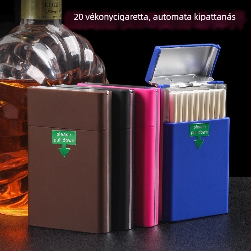 Lehajtható fedelű műanyag cigarettatartó tok, 20 cigaretta kapacitás, modern minimalist design (Anyag: műanyag; Kapacitás: 20 cigaretta; Fedél: lehajtható; Nedvességálló; Nyomásálló)