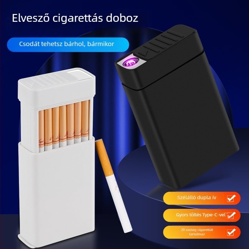 Cigaretta tartó tok beépített töltő gyújtóval, hordozható rejtett húzós kialakítás, műanyag test, logónyomtatás és testreszabás, magánmárka lehetőség, 1 éves élettartam