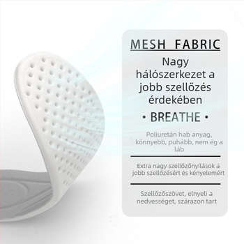 Teljes hosszúságú hálós talpbetét memóriahabos kényelemmel, lélegző kötött anyag PU-val, nedvességelvezető és szagtalanító, uniszex, egész éves használatra