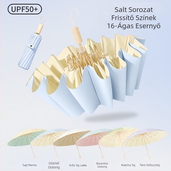 Napsütéses ernyő 16 bordával, szélálló, összecsukható tri-fold modell, alumínium váz, központi ötvözet oszlop, fa markolat, 210T anyag Color Glue bevonattal, UPF 50+, manuális nyitás-zárás