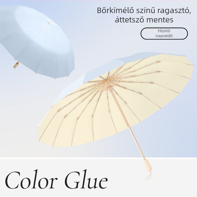 Napsütéses ernyő 16 bordával, szélálló, összecsukható tri-fold modell, alumínium váz, központi ötvözet oszlop, fa markolat, 210T anyag Color Glue bevonattal, UPF 50+, manuális nyitás-zárás