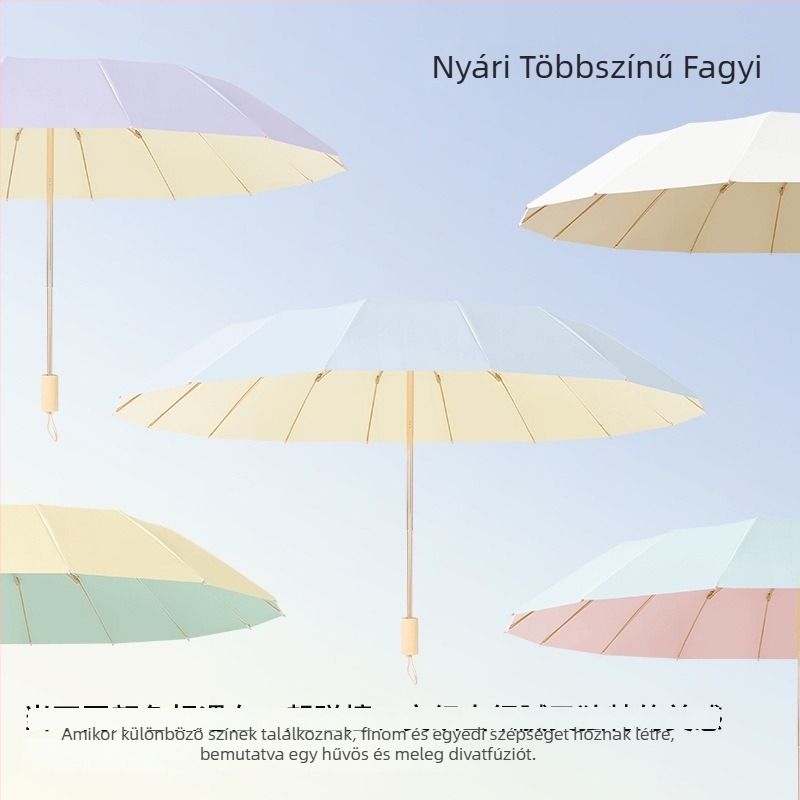 Napsütéses ernyő 16 bordával, szélálló, összecsukható tri-fold modell, alumínium váz, központi ötvözet oszlop, fa markolat, 210T anyag Color Glue bevonattal, UPF 50+, manuális nyitás-zárás
