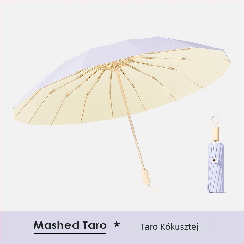 Napsütéses ernyő 16 bordával, szélálló, összecsukható tri-fold modell, alumínium váz, központi ötvözet oszlop, fa markolat, 210T anyag Color Glue bevonattal, UPF 50+, manuális nyitás-zárás