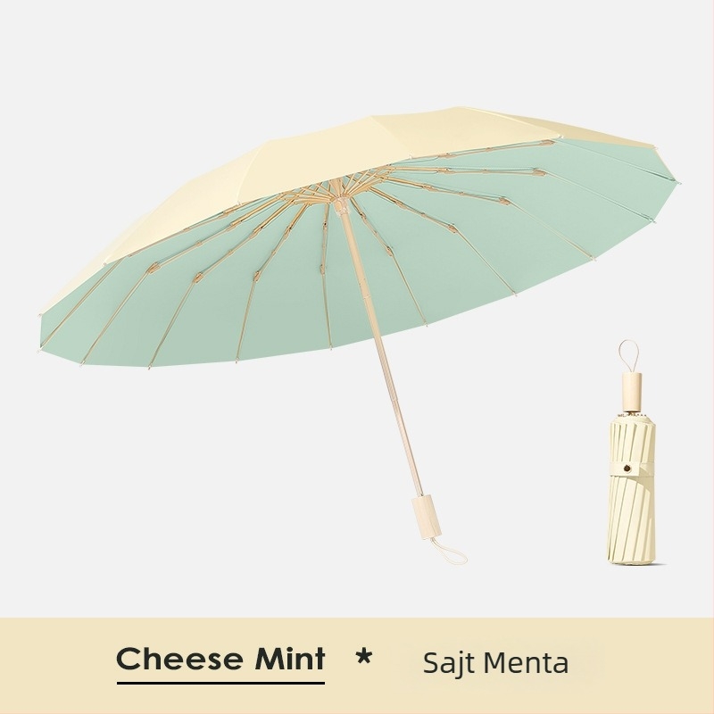 Napsütéses ernyő 16 bordával, szélálló, összecsukható tri-fold modell, alumínium váz, központi ötvözet oszlop, fa markolat, 210T anyag Color Glue bevonattal, UPF 50+, manuális nyitás-zárás