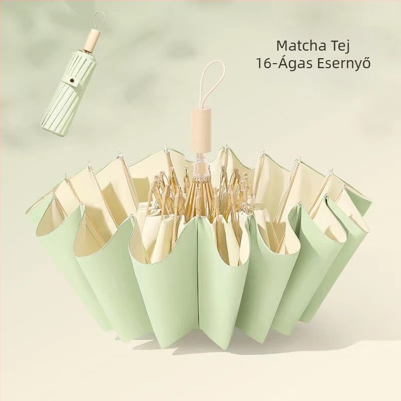 Napsütéses ernyő 16 bordával, szélálló, összecsukható tri-fold modell, alumínium váz, központi ötvözet oszlop, fa markolat, 210T anyag Color Glue bevonattal, UPF 50+, manuális nyitás-zárás