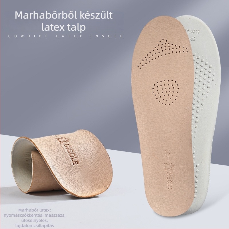 Juhbőr + latex talpbetét – masszázs hatású, ütéscsillapítás, izzadás elnyelése, légáteresztő, csúszásmentes; teljes hosszúságú talpbetét bő cipőkhöz, csizmákhoz, hétköznapi, meleg és munkacipőkhöz