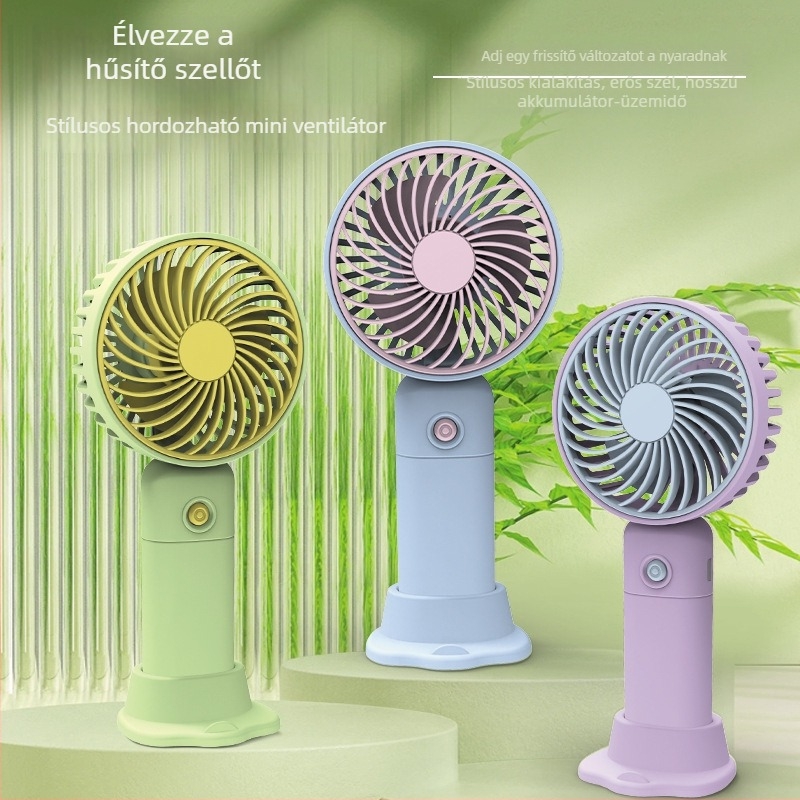 Asztali USB újratölthető mini ventilátor telefontartóval, 3 lapát, 3 sebességfokozat, zaj 36-45 dB