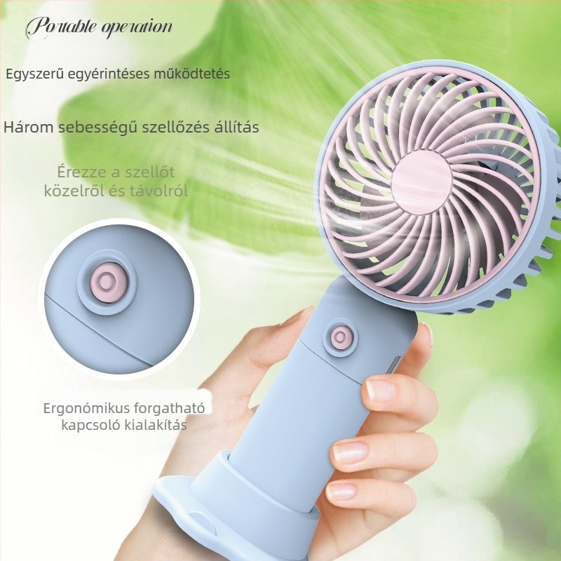 Asztali USB újratölthető mini ventilátor telefontartóval, 3 lapát, 3 sebességfokozat, zaj 36-45 dB