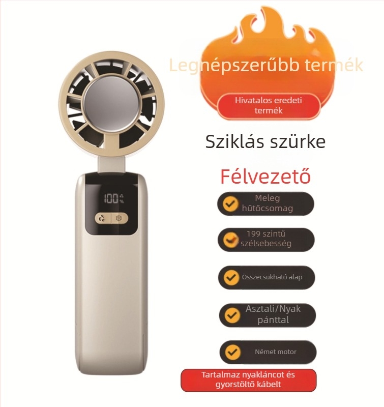 Kézben tartható, összecsukható hűtőventilátor, brushless motorral, 3.7V 5W, újratöltő Li-ion akkumulátor 1200–2000mAh, zaj <36 dB, lépcsőmentes sebességszabályozás, 250 g, méretek 185×65×65 mm