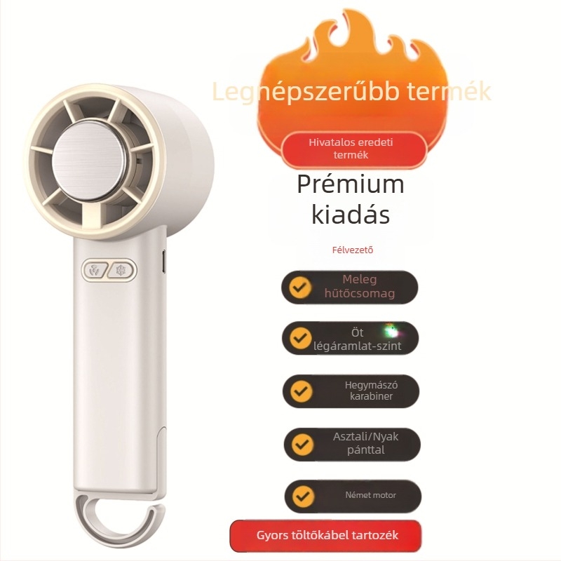 Kézben tartható, összecsukható hűtőventilátor, brushless motorral, 3.7V 5W, újratöltő Li-ion akkumulátor 1200–2000mAh, zaj <36 dB, lépcsőmentes sebességszabályozás, 250 g, méretek 185×65×65 mm