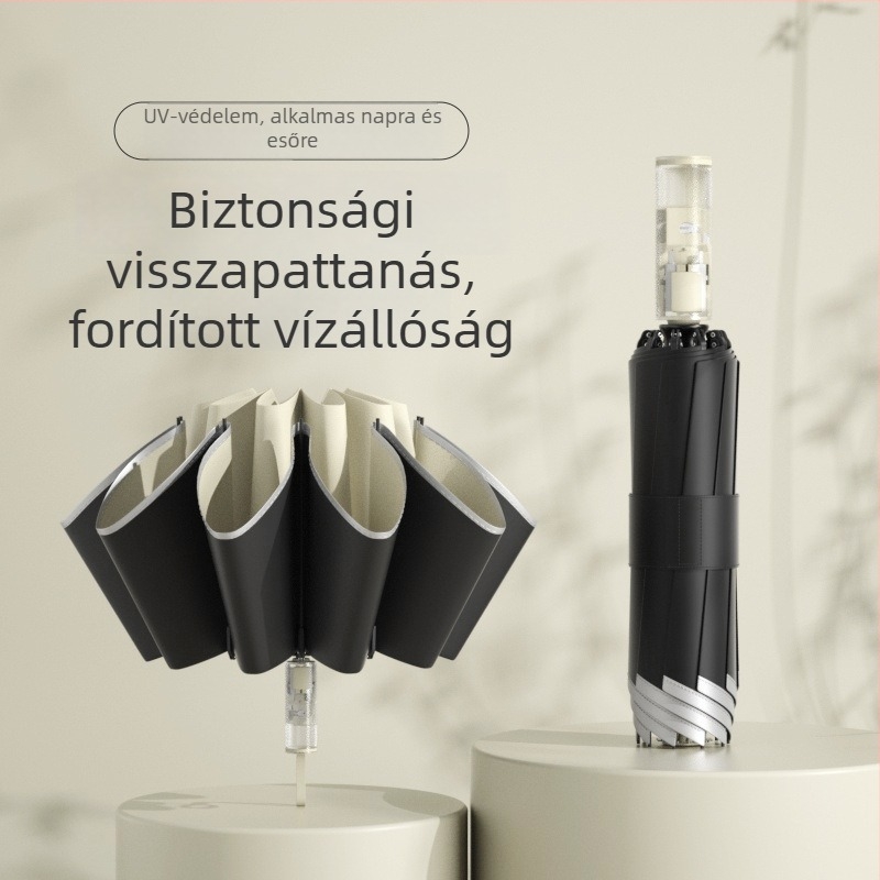Háromrészes kifelé forduló automata esernyő, automatikus nyitás-zárás, 10 ív, UPF > 50, 190T anyag