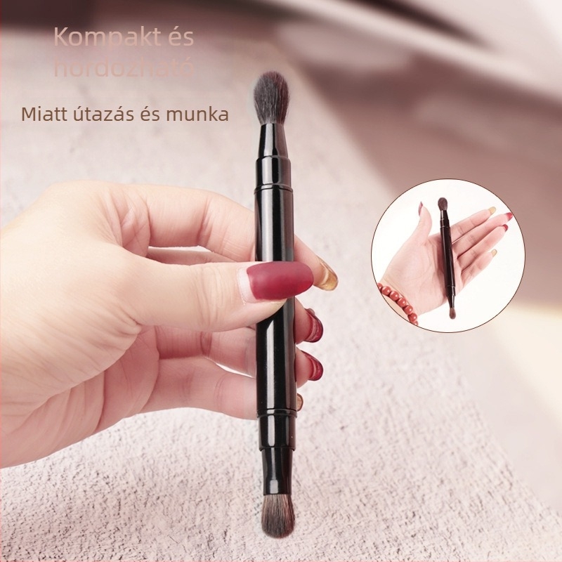 Sminkecset, kétfejű teleszkópos, műszálas sörtékkel, alumínium nyéllel, teljes hossz 147 mm, sörték hossza 7–17 mm