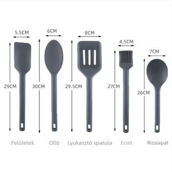 Szilikon konyhai eszközök készlet: kanál-spatula – tapadásmentes, magas hőállóság, csúszásmentes, égési védelem; nyele szilikon testével és nylon maggal