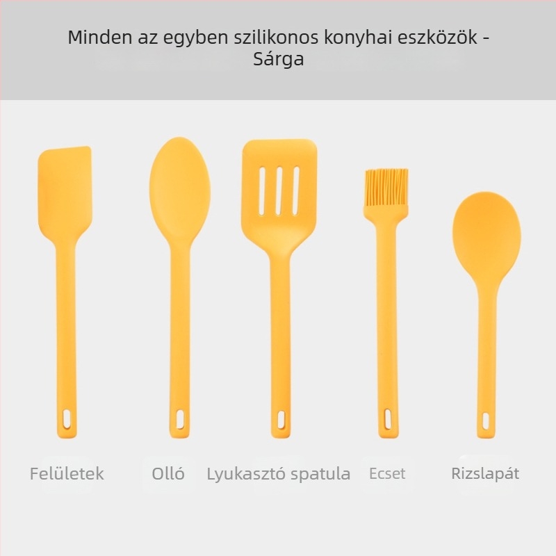Szilikon konyhai eszközök készlet: kanál-spatula – tapadásmentes, magas hőállóság, csúszásmentes, égési védelem; nyele szilikon testével és nylon maggal