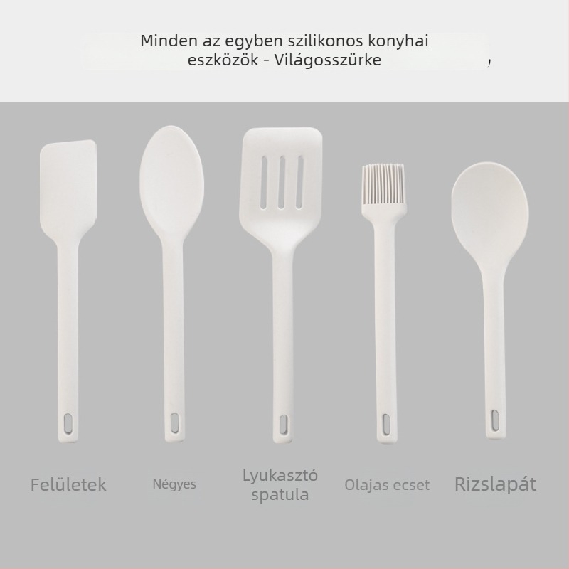 Szilikon konyhai eszközök készlet: kanál-spatula – tapadásmentes, magas hőállóság, csúszásmentes, égési védelem; nyele szilikon testével és nylon maggal