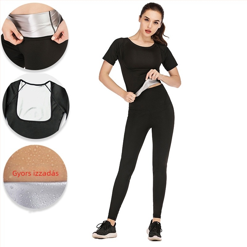 Női Lycra fitnesz szett felsővel és edzőnadrággal – egyszínű; 82% poliészter, 18% spandex; bélés ezüst fólia 100; minden évszakban viselhető; futásra és edzésre