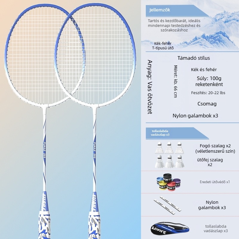 Badmintonütő készlet – vasötvözet keret, nylon húrok, közvetlen ütés, egyes és páros rakétákból álló készlet kezdőknek