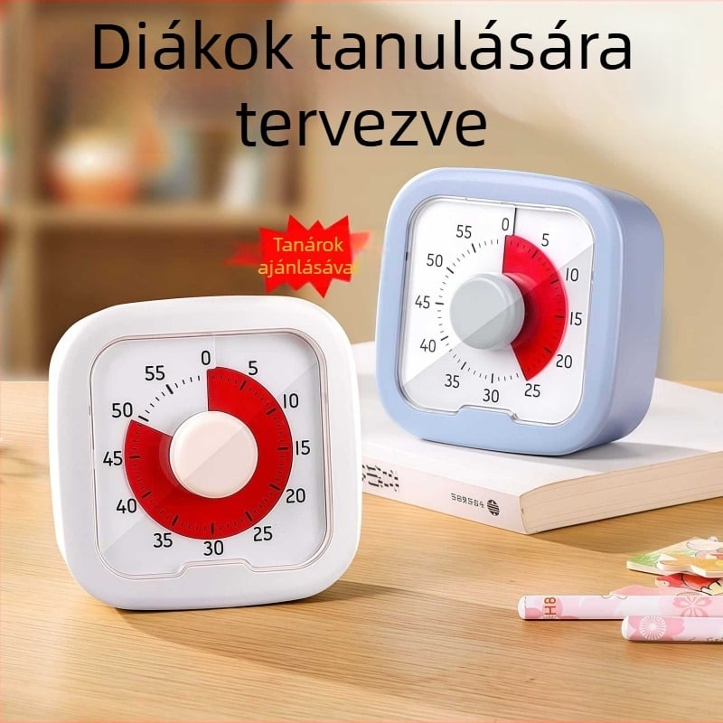 Házifeladatokra szánt vizuális időzítő, analóg mutatóval és kronográffal, négyzet alakú műanyag tokkal, automata mechanikus mozgás