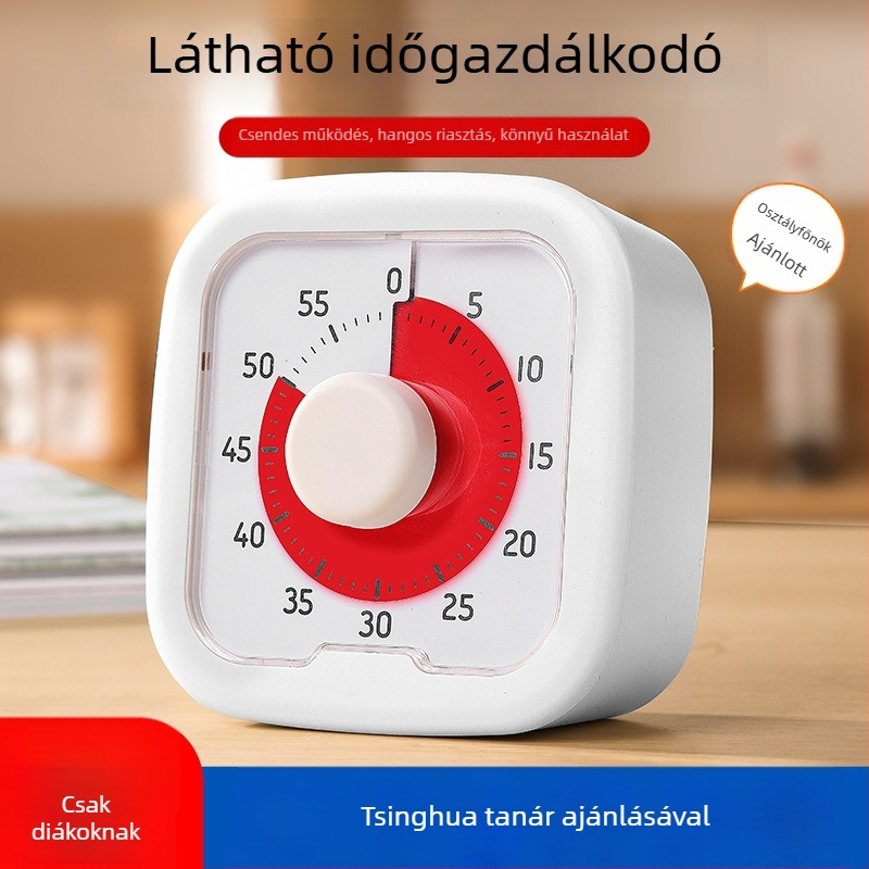 Házifeladatokra szánt vizuális időzítő, analóg mutatóval és kronográffal, négyzet alakú műanyag tokkal, automata mechanikus mozgás