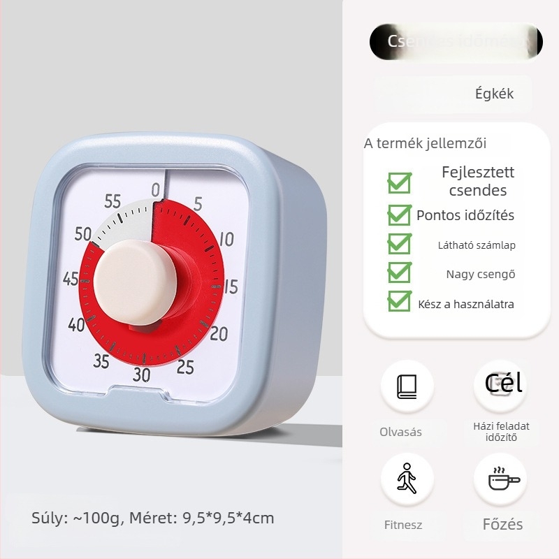 Házifeladatokra szánt vizuális időzítő, analóg mutatóval és kronográffal, négyzet alakú műanyag tokkal, automata mechanikus mozgás