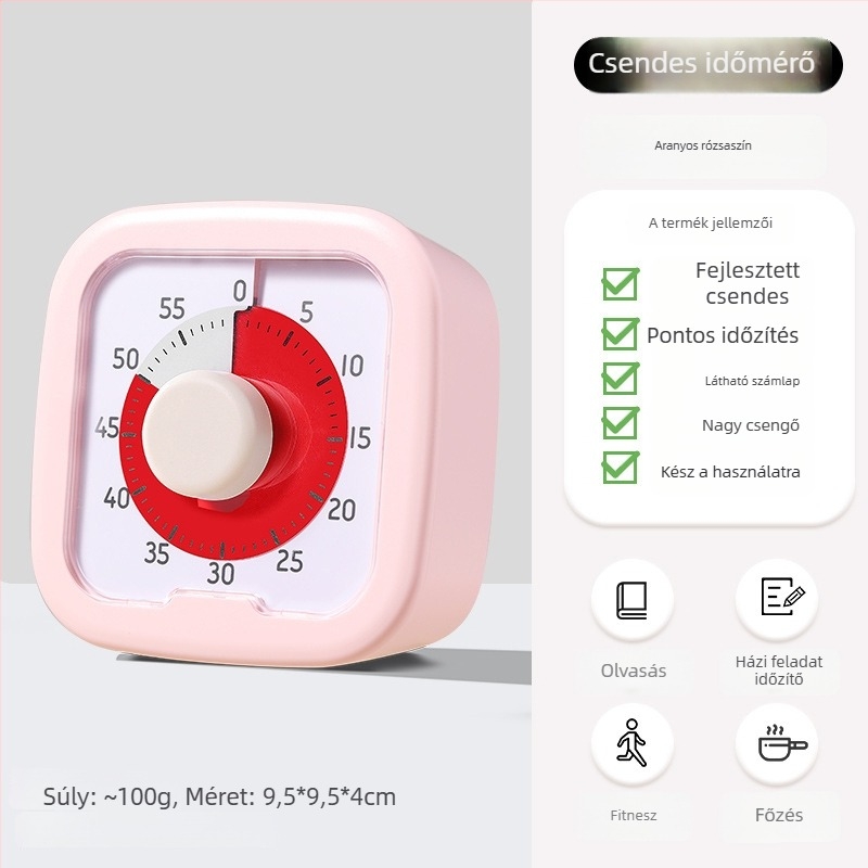 Házifeladatokra szánt vizuális időzítő, analóg mutatóval és kronográffal, négyzet alakú műanyag tokkal, automata mechanikus mozgás