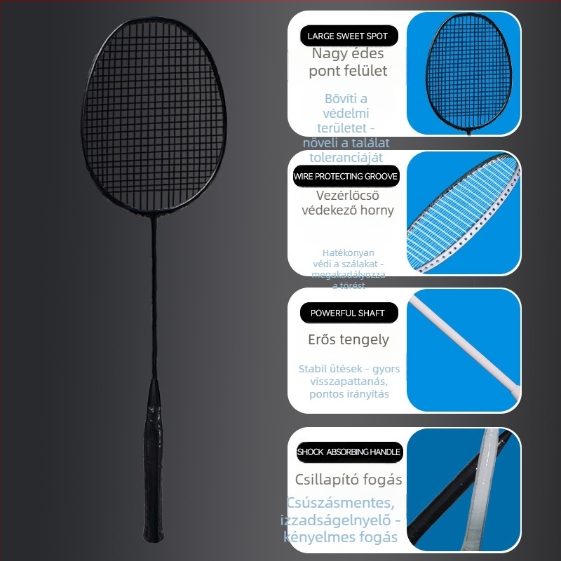 Badmintonütő, váz anyaga: szén- és alumínium ötvözet; Súly: 85–89 g; Fogó vastagsága: G4; Konstrukció: egyrészes