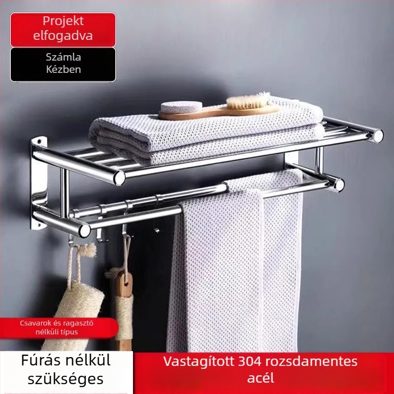 Törölközőtartó rozsdamentes acélból, fúrás nélküli felhelyezés, polírozott felület, fürdőszoba, modern minimalista stílus