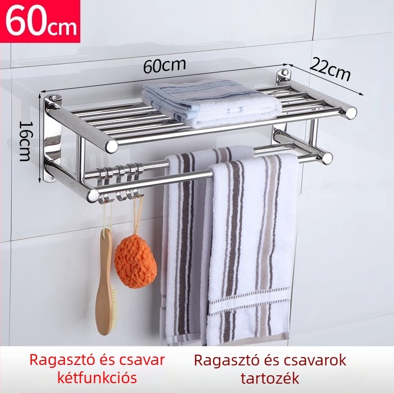 Törölközőtartó rozsdamentes acélból, fúrás nélküli felhelyezés, polírozott felület, fürdőszoba, modern minimalista stílus