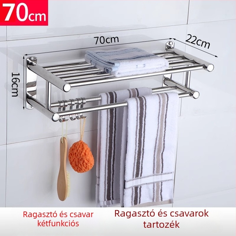 Törölközőtartó rozsdamentes acélból, fúrás nélküli felhelyezés, polírozott felület, fürdőszoba, modern minimalista stílus